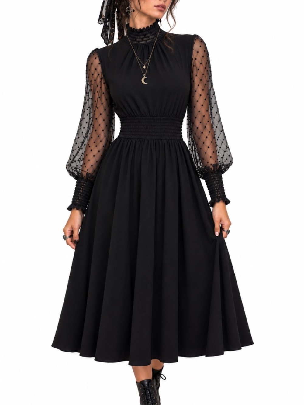 Boden Black Long Dress Tulle Polka Dot Sleeve WhimsiGoth 2 Pockets Evening 6P